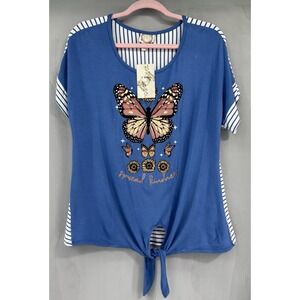 Women True Self‎ Top Blouse Spread Kindness Floral Butterfly Small NWT Blue Tie